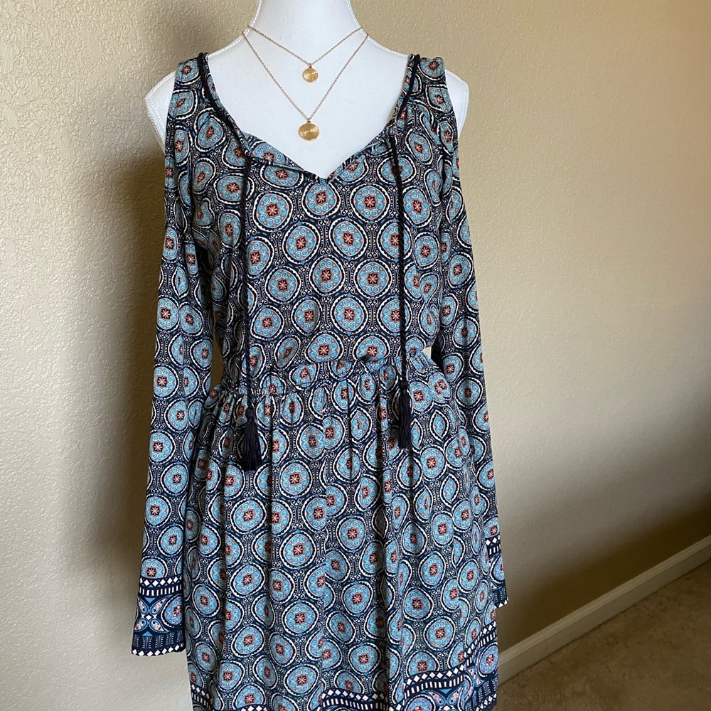 Xhilaration Blue and Red Long Sleeve Scoop Neck Sundress